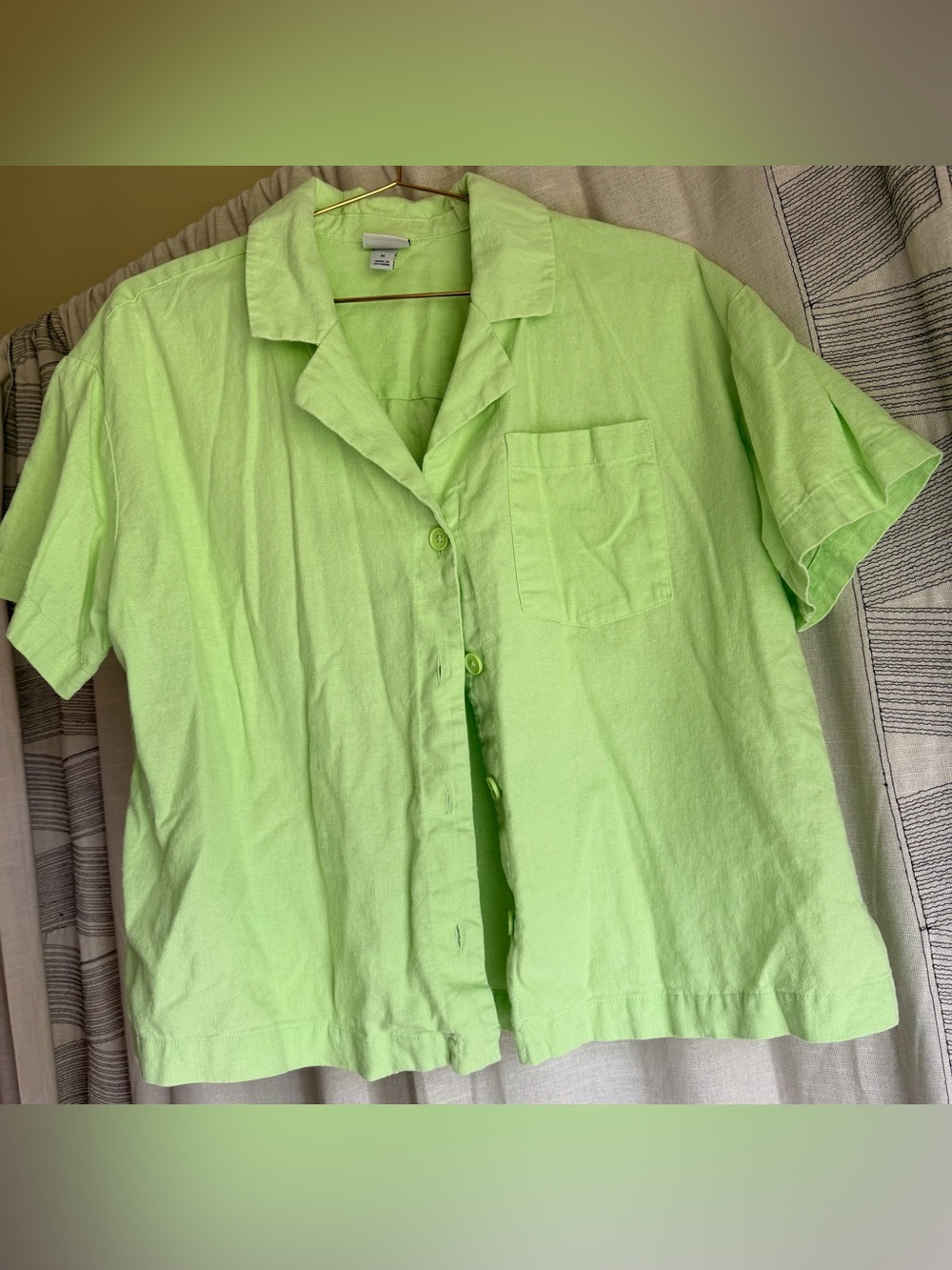 A New Day Linen Blend Button Down Shirt Light Green Camp Collar Top Medium